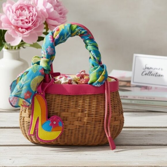 Bath and Body Works Straw Purse Vtg Whimsical Faux Leather Trim Draw Pink Floral - Picture 1 of 8